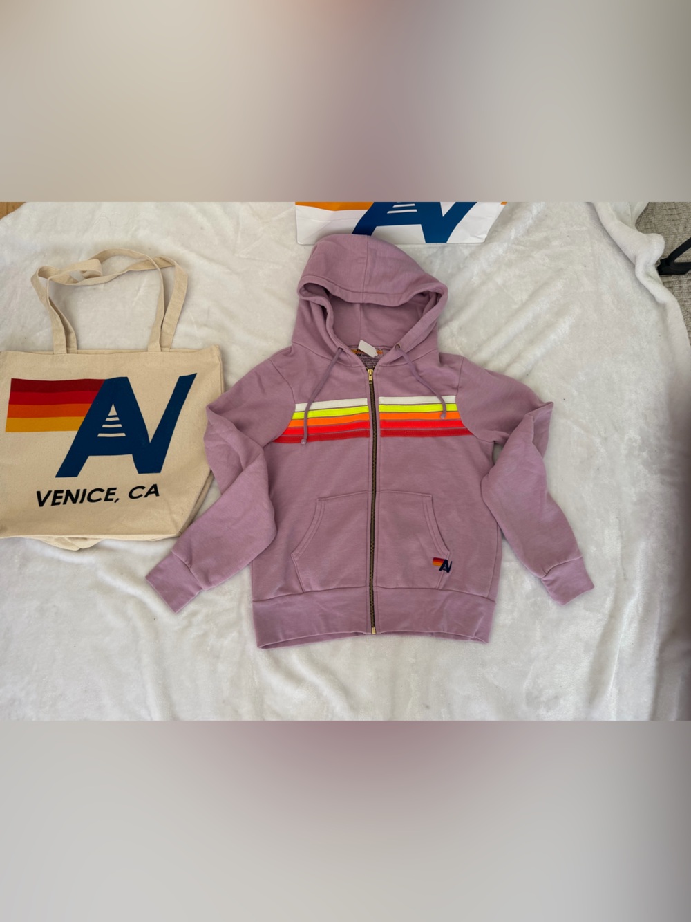 - - NWT AVIATOR NATION UNISEX 5 STRIPE HOODIE Sand size Extra  Small Mauve